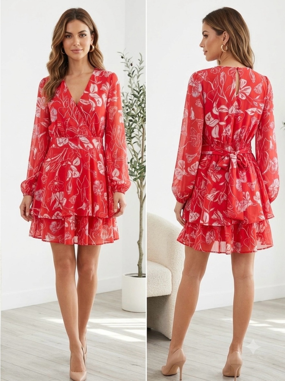 Floral peach Long-Sleeve Tiered V-Neck Dress